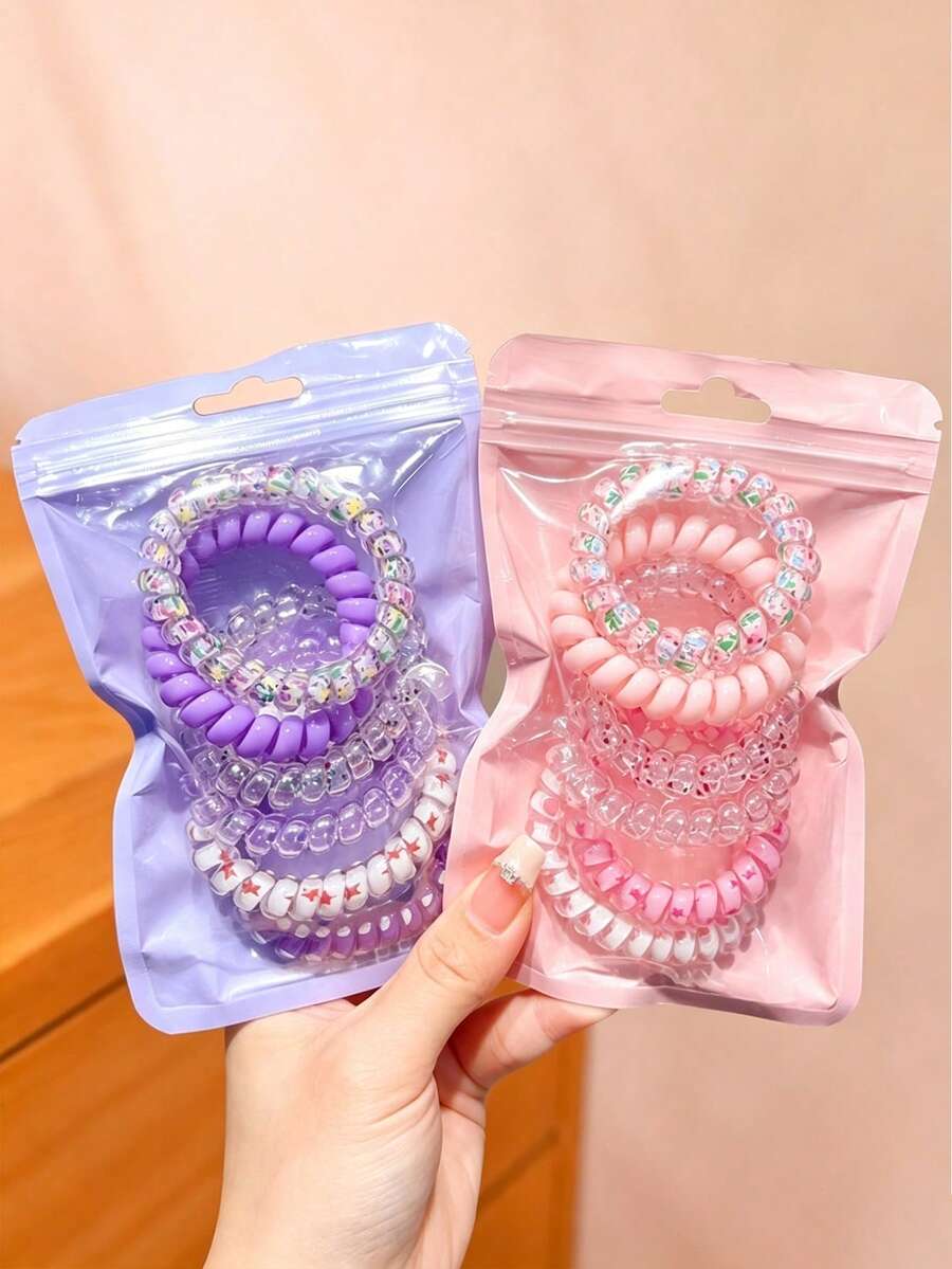 6pcs Girls Fashion Minimalist Pink Hair Ties, Sweet Cute Hair Ropes, Suitable For Daily Wear - Multicolor - View 1