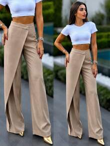 Women's Khaki Polyester Straight Leg Pants, Layered Design, Elegant Style, Suitable For Autumn Wear - Deep Apricot Color - View 1