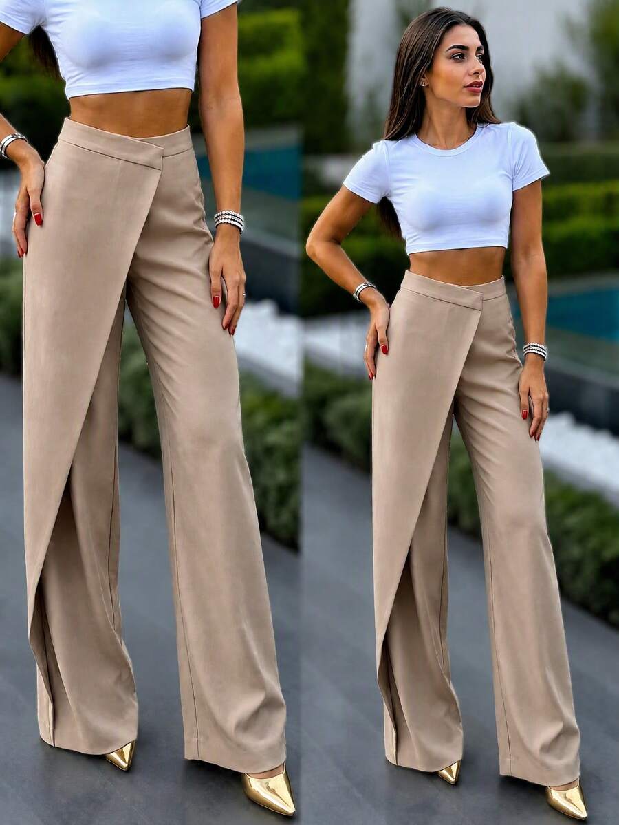 Women's Khaki Polyester Straight Leg Pants, Layered Design, Elegant Style, Suitable For Autumn Wear - Deep Apricot Color - View 1