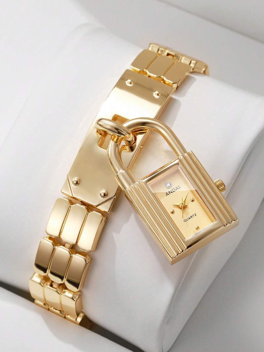 Jam Tangan Quartz Wanita dengan Desain Kunci Personalisasi, Dial Persegi Kecil yang Indah, Tali Paduan Emas, Jam Tangan Mewah Niche, Hadiah untuk Pacar (1 buah/Set) Kotak Jam Tangan Tidak Termasuk - Emas - View 1