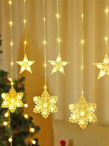 Hanging Star & Snowflake Curtain Lights, Snowflake Shaped LED Window Lights, AA Battery Powered Snowflake Fairy String Lights, Christmas Indoor Wall Backdrop Holiday Celebration Decor Lights, Warm White LED Christmas Star Lights - Transparent-stars+Snowflakes - View 7