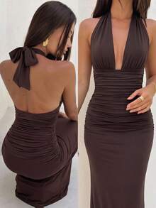 Women's Sleeveless High Neck Fitted Pleated Long Knit Dress, Elegant Mermaid Style Design, Perfect For Formal Occasions Summer Wedding Party Fall - Coffee Brown - View 1