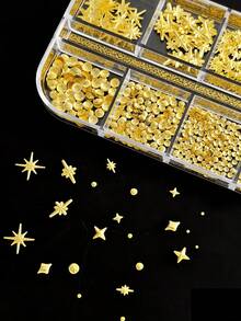 12-Grid Mixed 3D Metal Caviar Beads Nail Art Decoration Set (Stars & Metal Rivets), Cool Punk Y2K Style Rhinestone Nail Art Decor, Suitable For DIY Nail Art & Handmade Decoration - Gold - View 2
