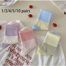 1/3/4/5/10 Pasang Kaos Kaki Wanita Setengah Betis Warna Acak Campuran Musim Semi/Panas, Kaos Kaki Olahraga Warna-warni Berbahan Jala Bernapas dengan Blok Warna - MultiWarna - View 1