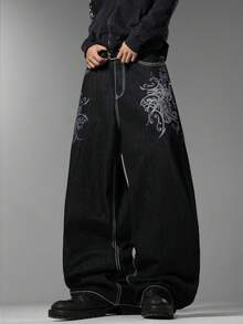 Men's American Wide Leg Jeans, Retro Print & Unique Back Pocket Embroidery, Casual Versatile All-Season Pants (No Belt & Accessories Included) - Black - View 5