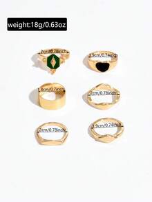 6pcs Emerald Green Heart Geometric Metallic Stackable Rings For Women - Golden C - View 2