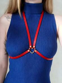 1pc Women's Red Sexy Minimalist Chest Harness, Personalized Heart Buckle Decor, Suitable For Music Festivals, Nightclubs, Parties, Dates And Other Occasions - Red - View 1