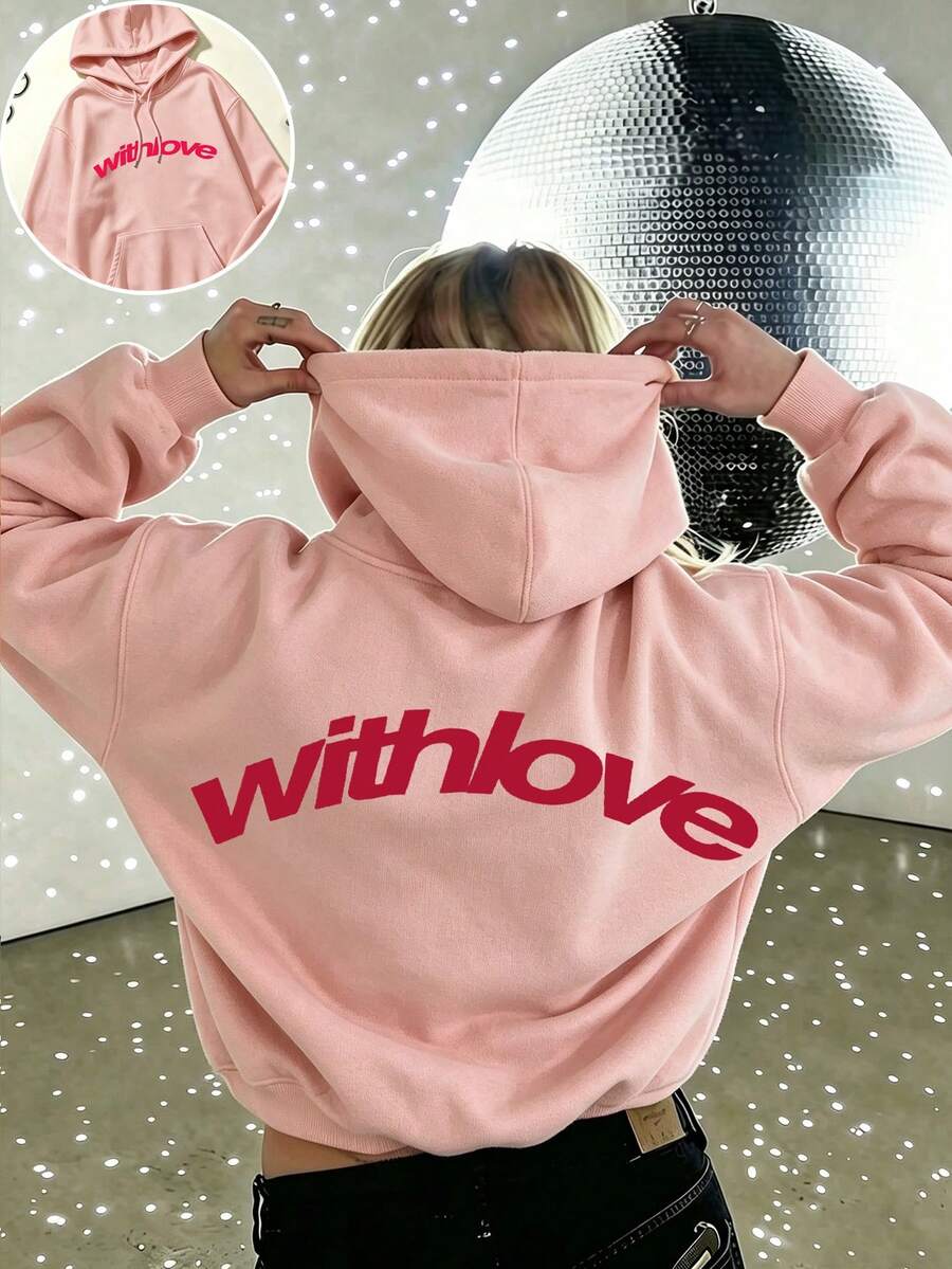 Streetwear Style Plus-Size Crew Neck Sweatshirt With "Withlove" Letter Print And Unique Slogan Pattern, Perfect For Vacations, Trips, And The Beach. - Flesh Pink - View 1