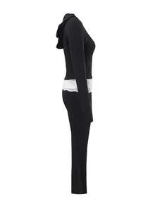 LovelyWholesale Women's Casual Hooded Long Sleeve Zip-Up Lace Trim Top And Flare Pants Autumn Set - Black - View 6