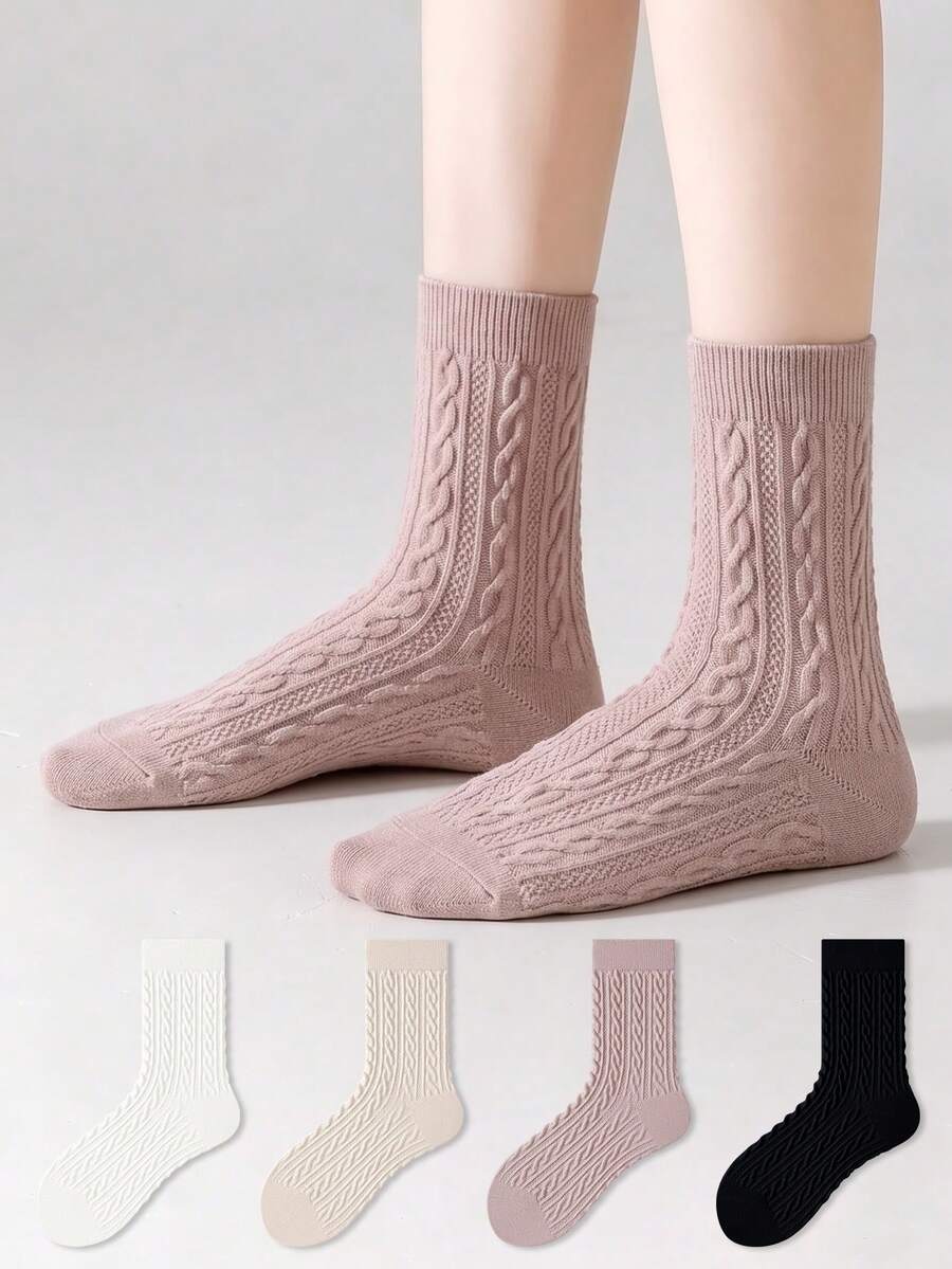 ZUJO 4 Pairs Women's Mid-Calf Socks, Solid Color With Cable Knit Texture, Suitable For Autumn/Winter Daily Wear, Minimalist And Comfortable, Suitable For 5-15°C, Random Color - Multicolor - View 1