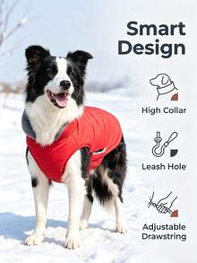 Metglad Dog Winter Padded Coat, Thermal Lined Thickened Pet Cold-Proof Jacket, Foldable Plush Stand Collar, With Hidden Leash Hole And Adjustable Drawstring, Comfortable And Non-Restrictive, Suitable For Large, Medium And Small Dogs For Indoor And Outdoor Use - Red - View 8
