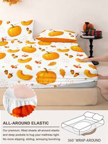 1pc Halloween & Thanksgiving Leaf Pumpkin Print Fitted Sheet, Quiet & Non-Slip, Machine Washable, Durable & Easy Care, All-Season Use, Fits All Bed Sizes, Home, Dorm, Apartment, Guest Room, Rental, Bedroom Decor & Holiday Gift - Multicolor - View 5
