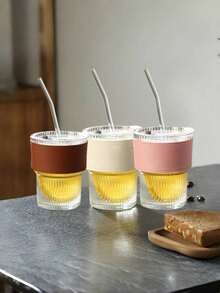 1pc Elegant Style Striped Glass Cup (With Lid And Straw) 350ml – Vertical Striped Design, Fashionable Home Drinking Cup, Suitable For Coffee, Juice And Tea Beverages – Perfect For Home And Restaurant Use, Great Gift For Mother's Day And Easter For Friends - Transparent - View 5