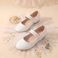 1 Pair Girls Floral Pearl Patent Leather Comfortable Round Toe Double Strap Low Heel Sweet Mary Jane Princess Shoes Suitable For Party/Performance - White - View 1