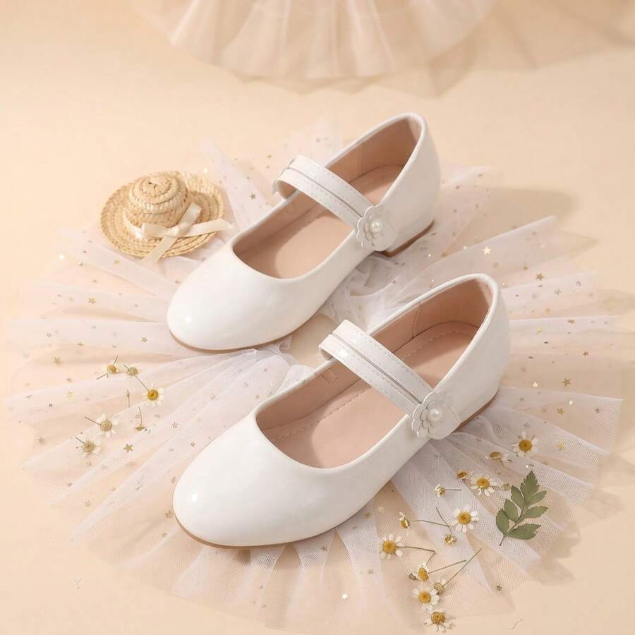 1 Pair Girls Floral Pearl Patent Leather Comfortable Round Toe Double Strap Low Heel Sweet Mary Jane Princess Shoes Suitable For Party/Performance - White - View 1