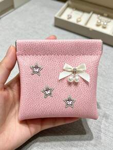 Cute Star Bow‑Pearl Decor Self-Closing Wallet Passport Document Holder Data Cash Storage Bag Cosmetic Bag Vacation Travel Essentials Accessories - Multicolor - View 4