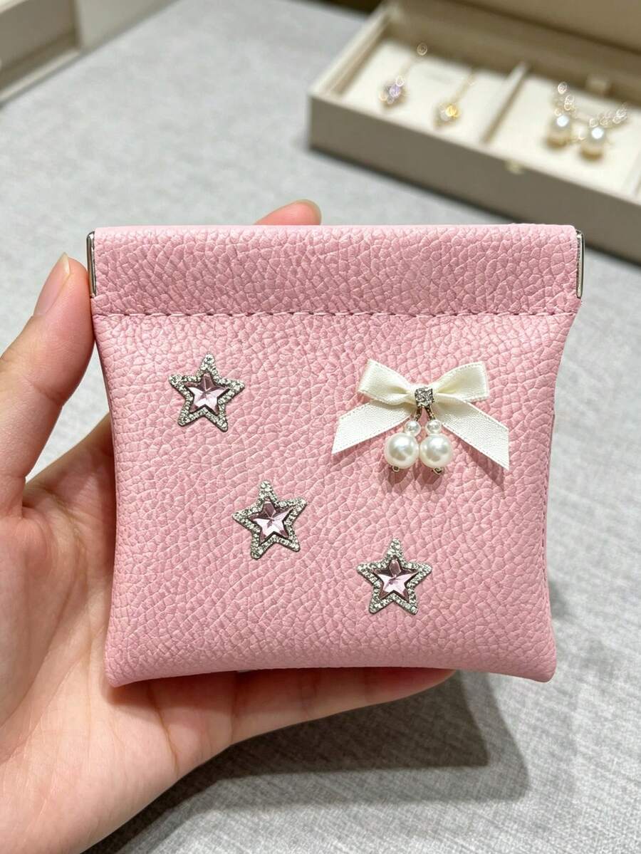 Cute Star Bow‑Pearl Decor Self-Closing Wallet Passport Document Holder Data Cash Storage Bag Cosmetic Bag Vacation Travel Essentials Accessories - Multicolor - View 1