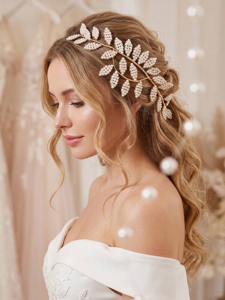 1pc Fairy Pearl Leaf Bridal Hair Vine Comb Elegant Gold Botanical Headpiece For Bride Bridesmaid Wedding Prom - Gold - View 2