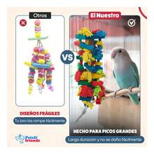 Juguete de Madera para Aves Grandes, Accesorio para Pericos, Loros y Guacamayos, Juguete para Jaula con Espacio para Trepar, Morder, Balancearse y Jugar, Ideal para Mantener a las Aves Activas y Entretenidas, Resistente, Natural,  y Fácil de Instalar - Multicolor - Ver 6