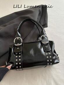 New Solid Color PU Mini Boston Handbag, Silver Rivet Decor, Double D-Ring Adjustable Top Handle, Detachable Crossbody Strap, Y2K Style Shoulder Bag, Streetwear And Cool Girl Essential, Suitable For Nightclubs, Weekend Shopping, City Walks And Daily Outings. - Black - View 1