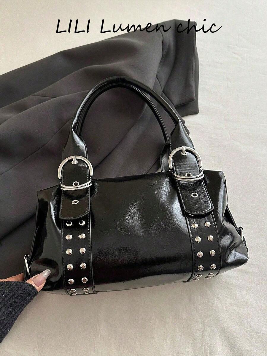 New Solid Color PU Mini Boston Handbag, Silver Rivet Decor, Double D-Ring Adjustable Top Handle, Detachable Crossbody Strap, Y2K Style Shoulder Bag, Streetwear And Cool Girl Essential, Suitable For Nightclubs, Weekend Shopping, City Walks And Daily Outings. - Black - View 1