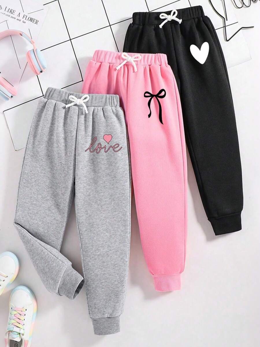 Set 3 Potong Celana Jogging Motif Hati dengan Ikat Pinggang untuk Anak Perempuan Remaja - MultiWarna - View 1