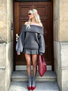 Women's Slouchy Off-Shoulder Sweater, Loose Fit Dropped Shoulder Chunky Knit Long Sleeve Pullover Top, Autumn/Winter - Grey - View 9