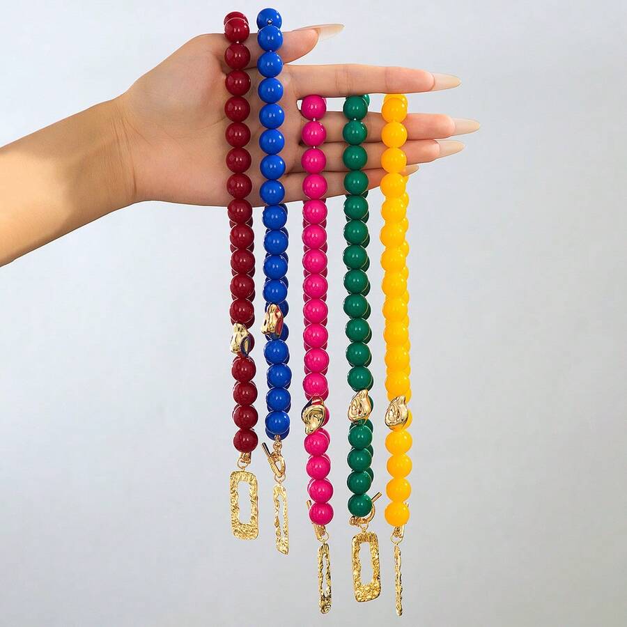 Rose Red Acrylic Beaded Necklace With Hammered Hollow Rectangular Metal Pendant - Hot Pink - View 1