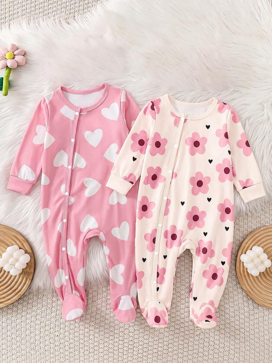 2pcs Baju Terusan Bayi Baru Lahir Musim Semi/Panas Motif Bunga & Hati Lengan Panjang, Bodysuit Rajut Kancing Jepret, Warna Pink & Aprikot Elastis untuk Pakaian Rumah/Luar Ruangan, Pakaian Dasar Sehari-hari Bayi Perempuan Musim Gugur - MultiWarna - View 1