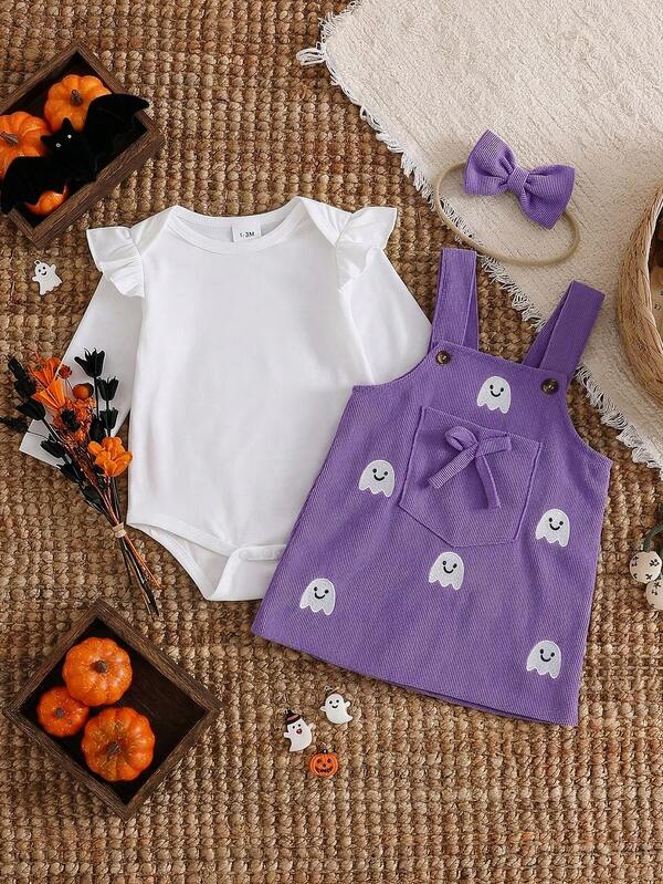 Infant Toddler Sweet Cool Ghost Embroidery Pinafore Dress, Flutter Sleeve Long Sleeve Bodysuit, Bow Headband Set, Halloween Outing, Candy Stripe Party