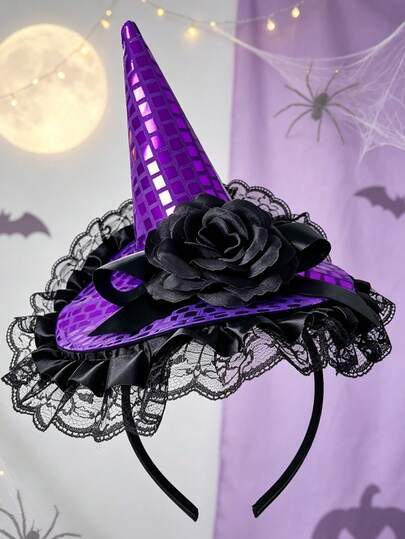 1pc Halloween Witch Hat Headband Hair Accessory, Purple & Black Contrast Glossy Plaid Black Rose Bow Lace Brim Gothic Witch Style Cosplay Women's Hair Accessory, Suitable For Halloween Party, Costume Ball, Haunted House, Amusement Park, Holiday Cosplay