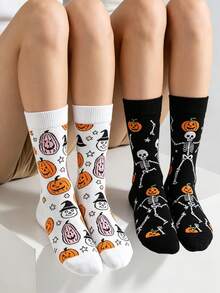 1/2 Pairs Halloween Mid-Calf Socks, White Pumpkin Wizard & Black Dancing Skeleton Print Casual Socks, Unisex - Multicolor - View 1