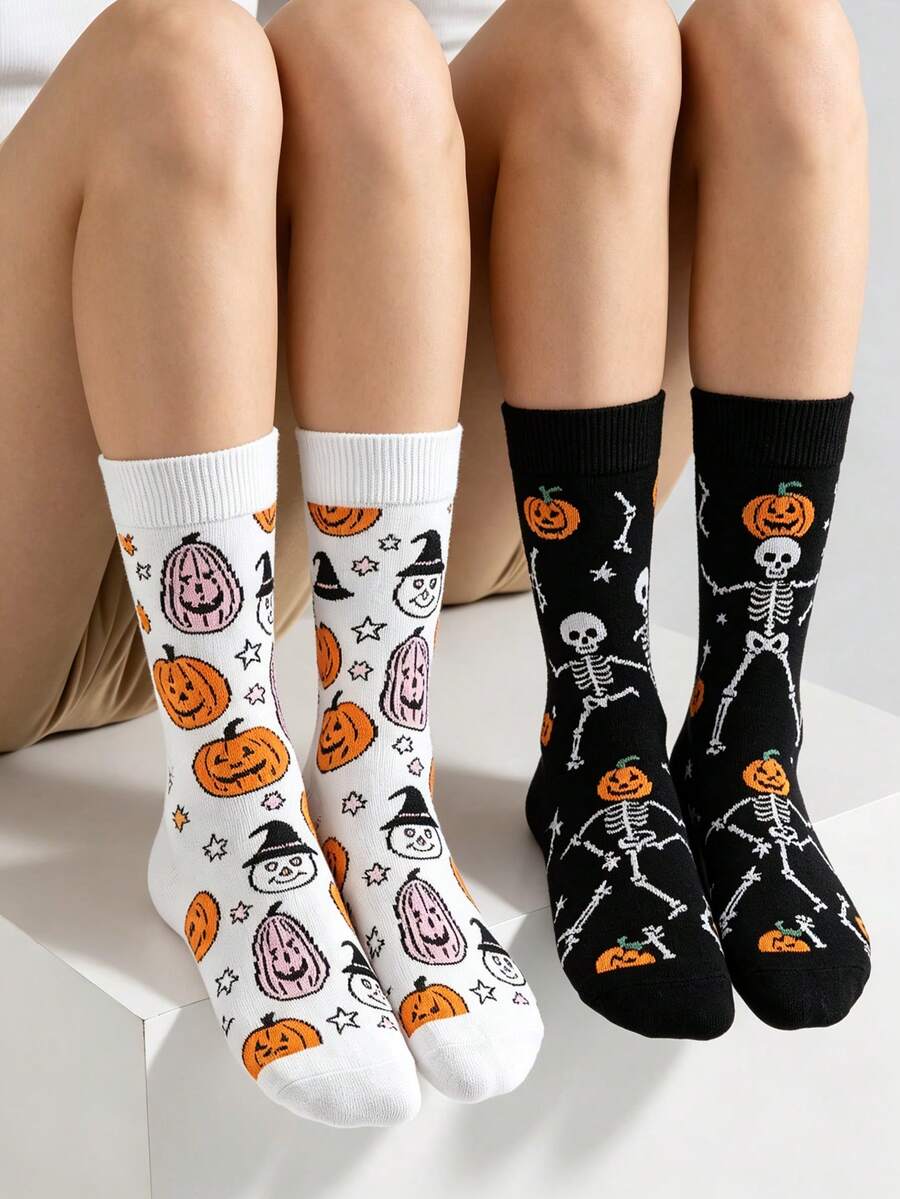 1/2 Pairs Halloween Mid-Calf Socks, White Pumpkin Wizard & Black Dancing Skeleton Print Casual Socks, Unisex - Multicolor - View 1