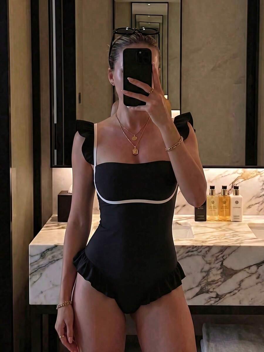 新款辣妹夏日條紋高彈力休閒海灘度假約會派對女款一件式細肩帶泳衣 - 黑色 - 查看 1