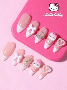 Sanrio Hello Kitty 24片長杏仁形法式穿戴甲，附可愛3D Hello Kitty裝飾、蝴蝶結合金、星星、水鑽與領結，適用壓克力假指甲套組，含果凍膠與指甲锉，適合女性與女孩日常及派對使用 - 彩色 - 查看 3