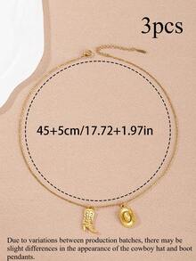 1pc/2pcs/3pcs Y2K Western Cowboy Hat Boot Pendant Necklace, Stainless Steel Chain Vintage Charm Jewelry For Teen Girls & Kids, Birthday Gift - Yellow Gold - View 6