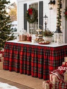 1pc Red Plaid Table Skirt, Festive Polyester Round Elastic Table Cover Skirt With Classic Tartan Print, Gathered Pleated Edge For Dessert Table, Buffet Table, Cake Display, Party Supplies, Christmas Holiday Home Decor - Multicolor - View 1