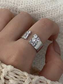1pc Minimalist Versatile Personalized Micro-Inlaid Cubic Zirconia Open Ring, Elegant Elegant Finger Ring Suitable For Women's Daily Wear - Silver - View 2