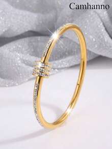 1/3Pcs 18K Gold Plated Stainless Steel Bangle Set, Clover & Zirconia Stackable Bracelets, Daily Wear Holiday Gift For Women - Gold - View 2