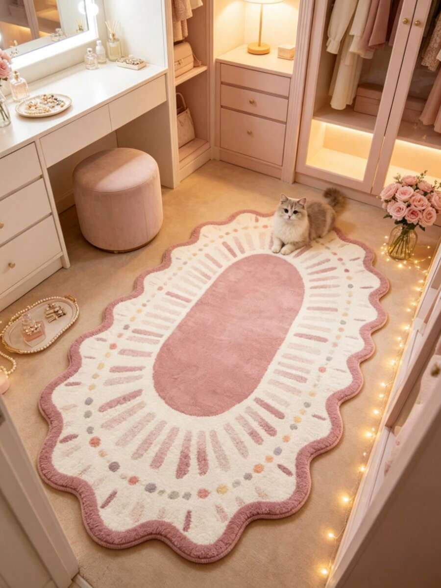 1 pieza Alfombra ovalada rosa & blanca, estilo lindo & acogedor, alfombra decorativa, decoración de dormitorio, alfombra pequeña, alfombra, decoración del hogar, alfombra de sala de estar, alfombra pequeña de sala de estar, alfombra de dormitorio, decoración del hogar de sala de estar, alfombra para exteriores, alfombra lavable - Multicolor 1 - Ver 1