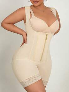 Plus Size Women High Waist Slimming & Lifting Solid Color Romper Shorts - Khaki - View 8