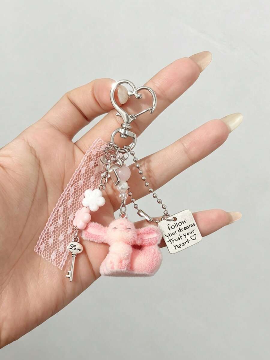 Gentle Fox Alloy Pendant Keychain, Vintage Key Charm With Lace Ribbon, Exquisite Bag Accessory, Best Friend Gift, Niche INS Style Pink Keychain, Girl's Backpack Charm, Portable Accessory - Pink - View 1