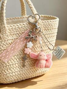 Gentle Fox Alloy Pendant Keychain, Vintage Key Charm With Lace Ribbon, Exquisite Bag Accessory, Best Friend Gift, Niche INS Style Pink Keychain, Girl's Backpack Charm, Portable Accessory - Pink - View 8