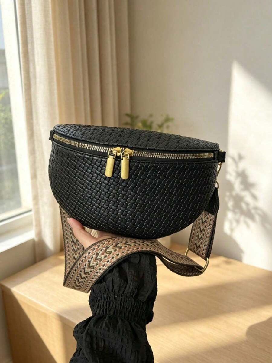 時尚簡約女款一體式腰包兼胸包,編織紋理設計,適合旅行、運動與休閒穿搭 - 黑色 - 查看 1