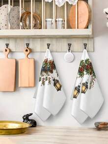 2pcs/4pcs Vintage Christmas Lantern Kitchen Towels, Watercolor Holly Red Berry Blue Berry Pine Cone Pine Branch Print, Country Style Christmas Hand Towels, Kitchen Baking Decorative Towels - Multicolor - View 5