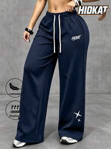 Women's Autumn Sports Long Pants With Drawstring Waist, Star , Street Outdoor Wide Leg Loose Casual Long Pants - Blue - View 2