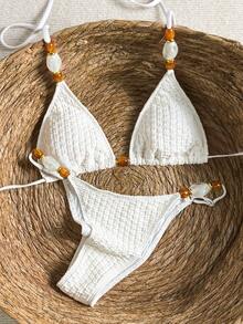 Bikinx Women's Halter Neck Backless Textured Fabric Bikini Set, Contrast Color Beaded Design, Casual Vacation Beach Style - White - View 1
