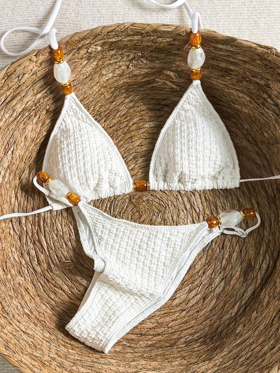 Bikinx Women's Halter Neck Backless Textured Fabric Bikini Set, Contrast Color Beaded Design, Casual Vacation Beach Style - White - View 1