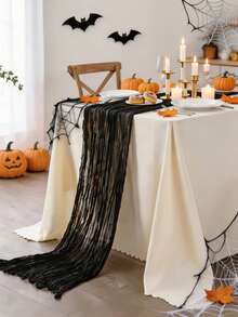 1pc Pleated Halloween Atmosphere Solid Color Table Runner, Suitable For Holiday Party, Family Gathering, Banquet, Window Display, Lightweight Breathable Draping Long Strip Cloth - Black - View 2