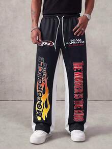 MAISONFOX Men's Black Racing Sports Pants With Motorcycle Flame Pattern And Slogan Print, Color Block Side Stripes Loose Fit Joggers, Y2K Streetwear Style - Black - View 11